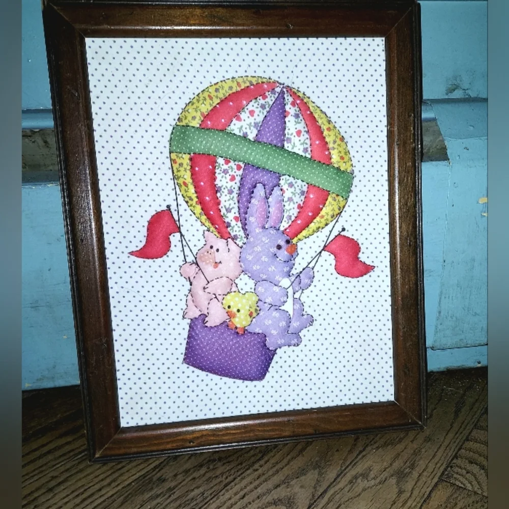 Vtg Puff Fabric Quilted Photo Framed Artwork Baby Infant Animals Airplane... dim